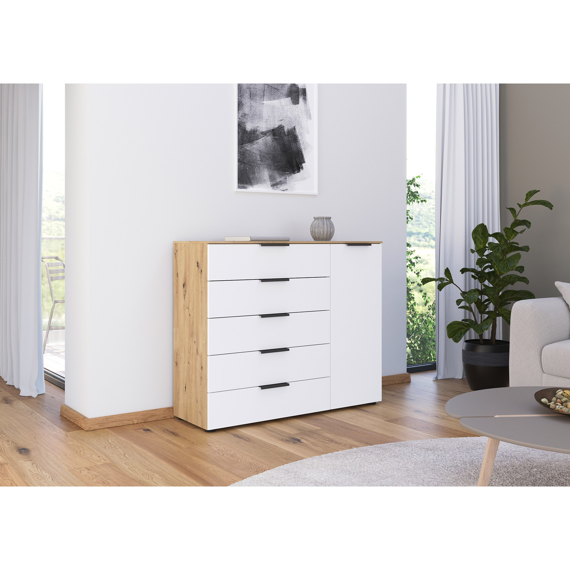 Kommode - Artisan Eiche-alpinweiß - Graphitgriffe - 120 cm