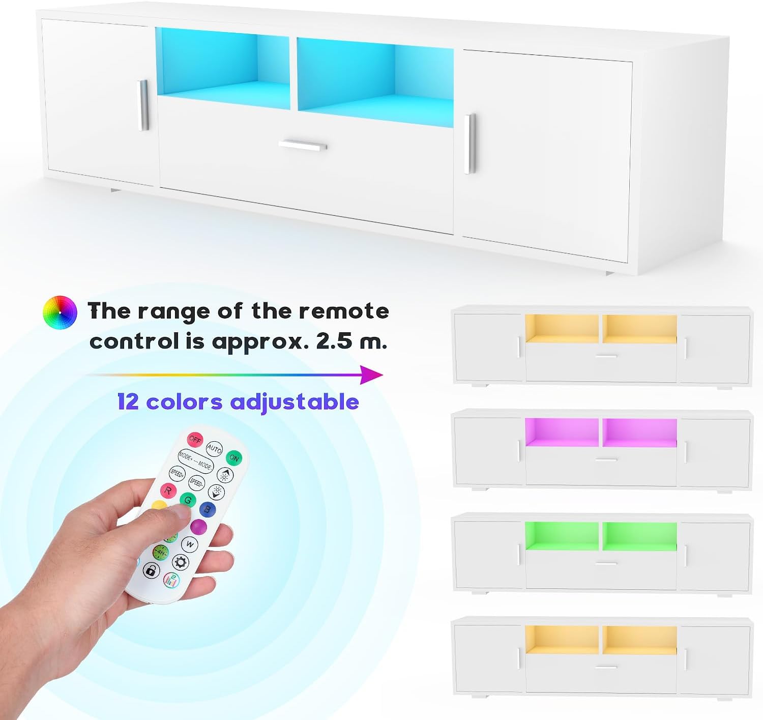 TV-Schrank LED, TV Lowboard mit Großem Stauraum, Fernsehtisch mit RGB LED-Beleuchtung, TV Board für Wohnzimmer Schlafzimmer, Weiß 160x 35 x 40 cm