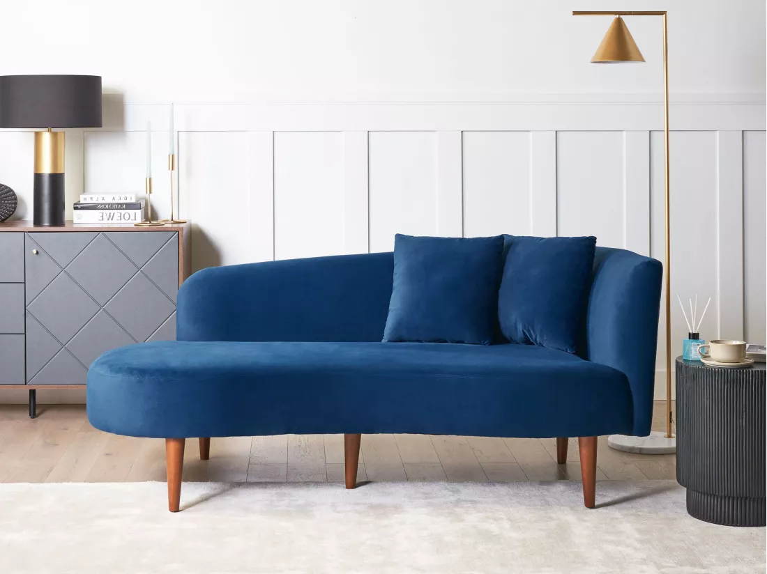 Chaise longue côté droit en velours bleu CHAUMONT