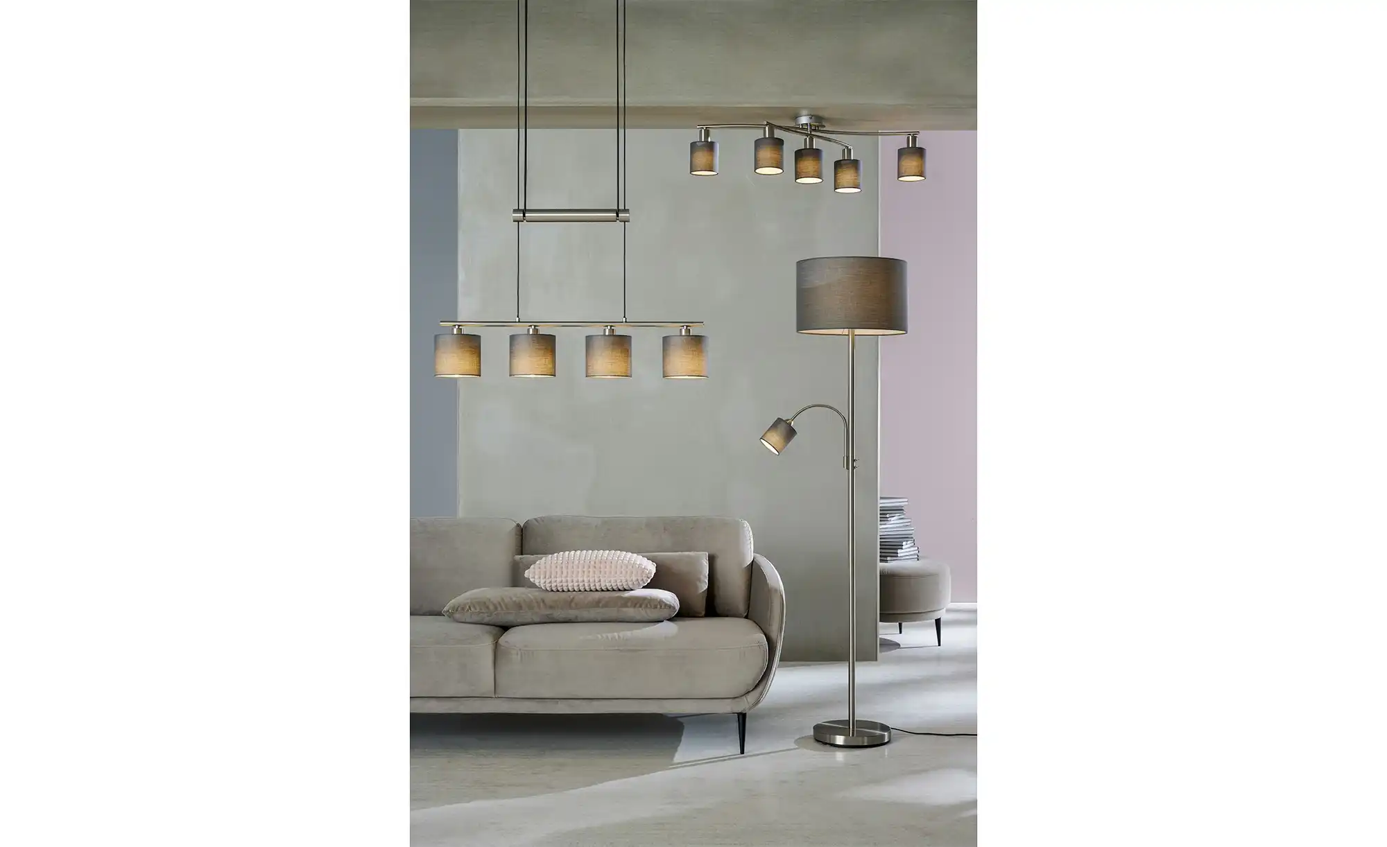 Trio Stehleuchte, 2-flammig, nickel matt, Stoffschirm grau