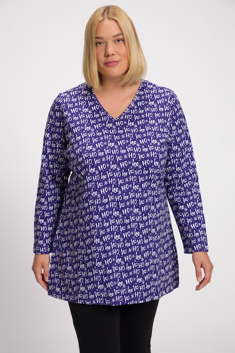 Longshirt, Weihnachts Muster, V-Ausschnitt, Langarm