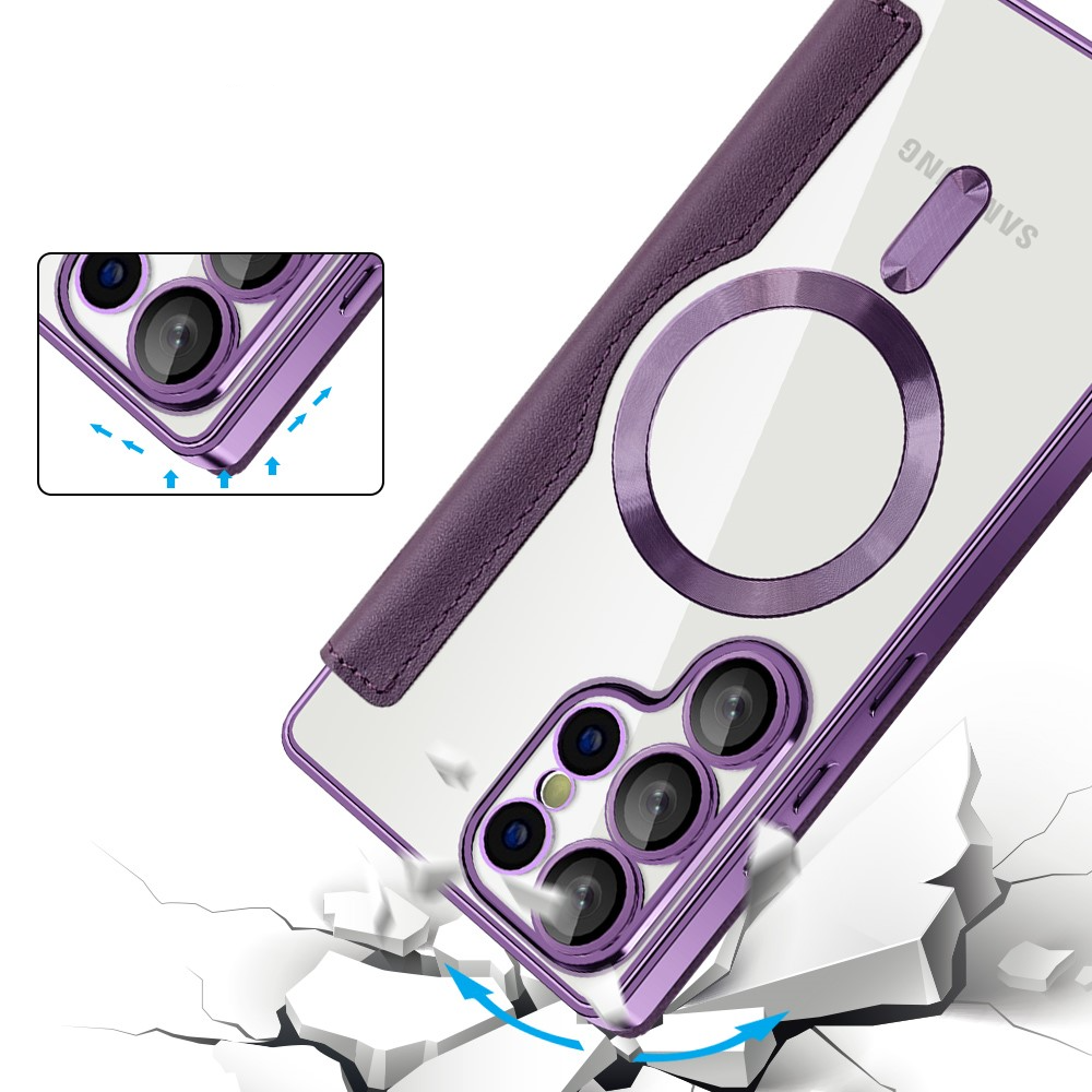 Samsung Galaxy S25 Ultra Hybrid Leder Tasche   Kunststoff Rückseite MagSafe-Modul (RFID Schutz) - Violett / Transparent
