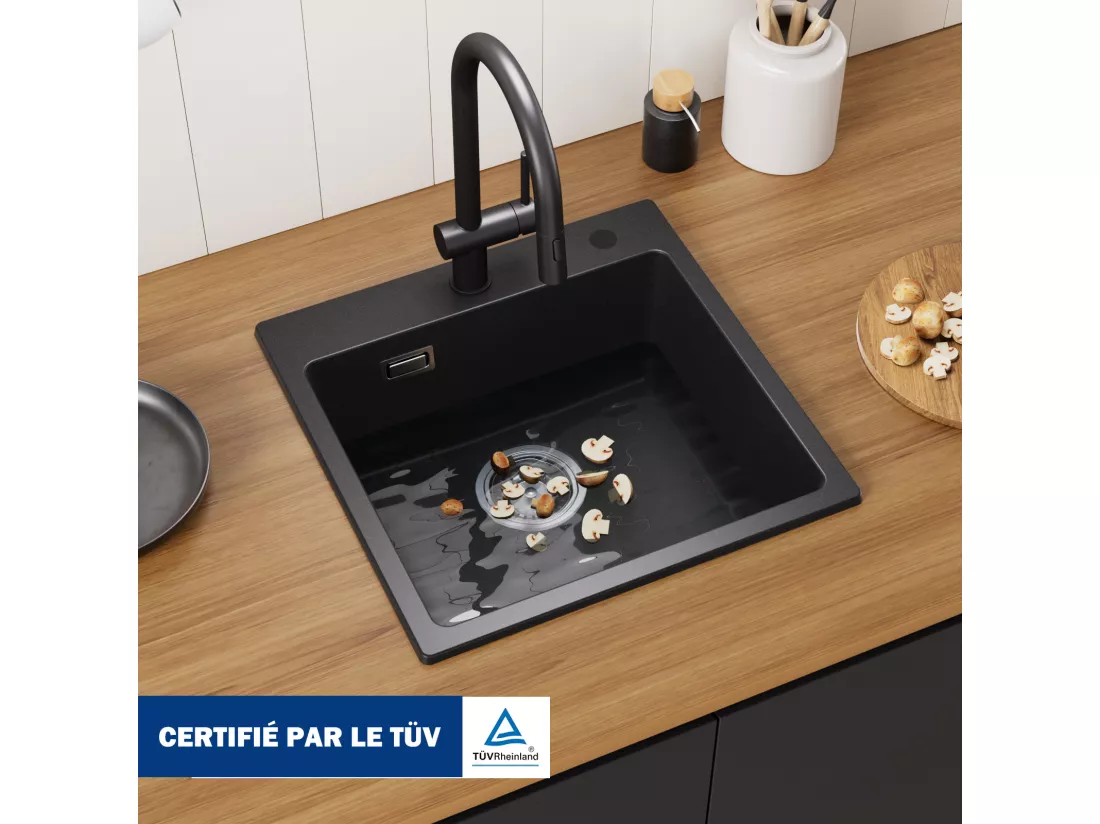 Cecipa MAX Evier 1 Bac en Quartz et Résine Noir 45x45cm Evier à Encastrer + Mitigeur de Cuisine Mural avec 2 Jets Brossé