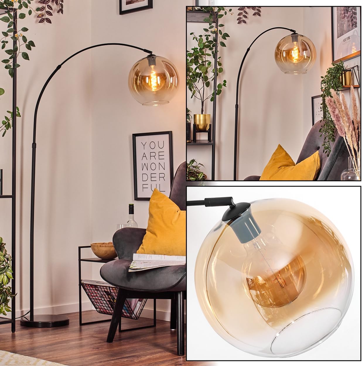 HOFSTEIN Stehleuchte Koyoto, Stehlampe aus Metall/Glas in Schwarz/Bernstein/Klar mit Marmorfuß, verstellbare Leuchte im Retro-Design (Schirm Ø 30 cm), Fußschalter, E27, Wohnzimmer, Schlafzimmer, Flur