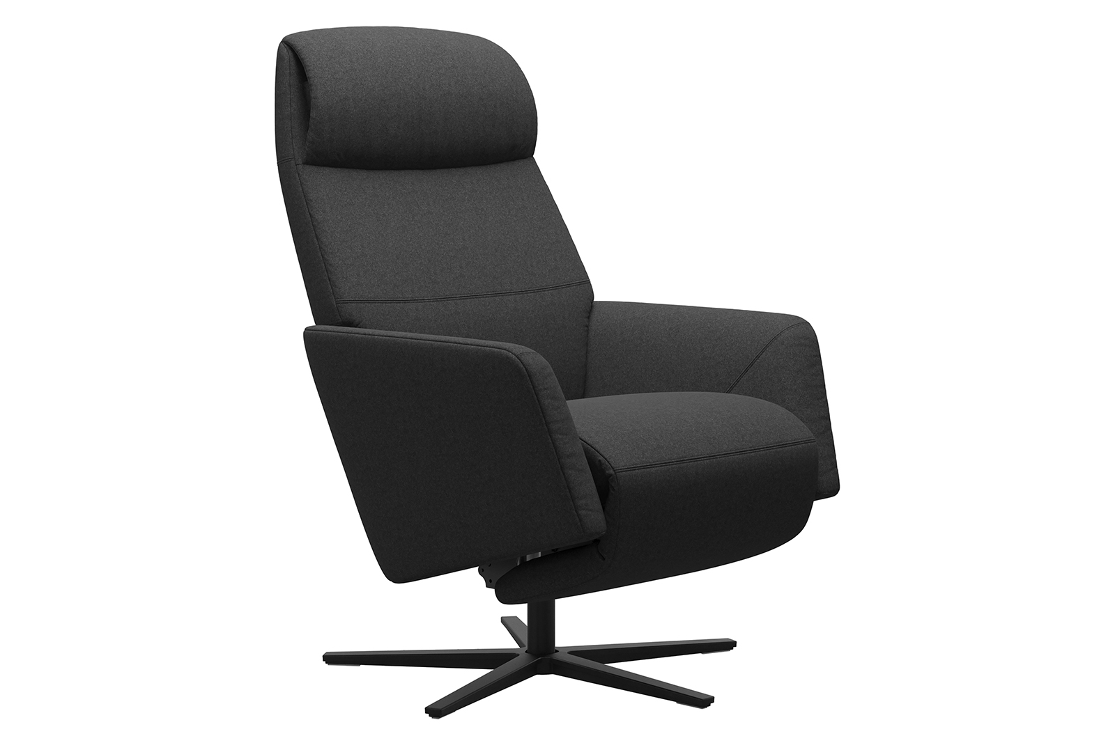 Scott lenestol I ulltekstil Calido Dark Grey og sort kryssfot. Med massasje, varme og motorisert hvilefunksjon til rygg og fotstøtte.