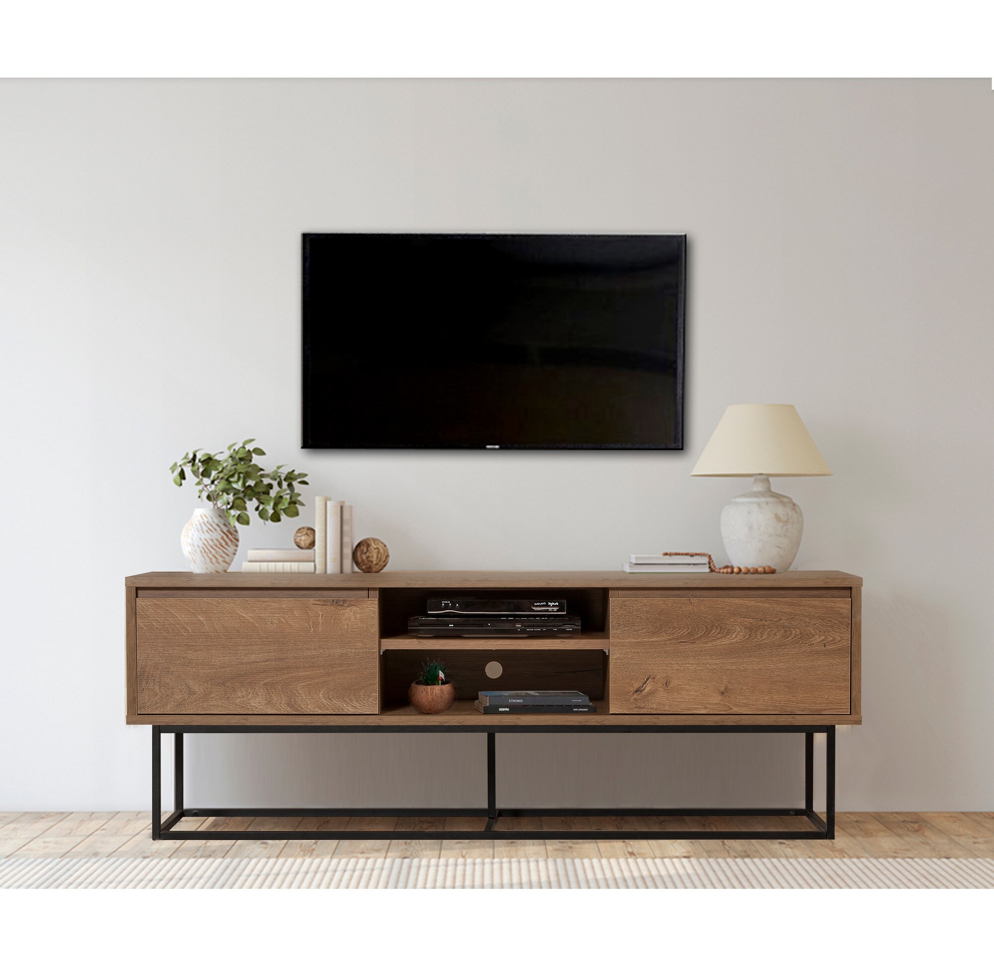 Homtex Moderner Industrieller TV-Ständer - 140x50 cm - Walnuss und Schwarz