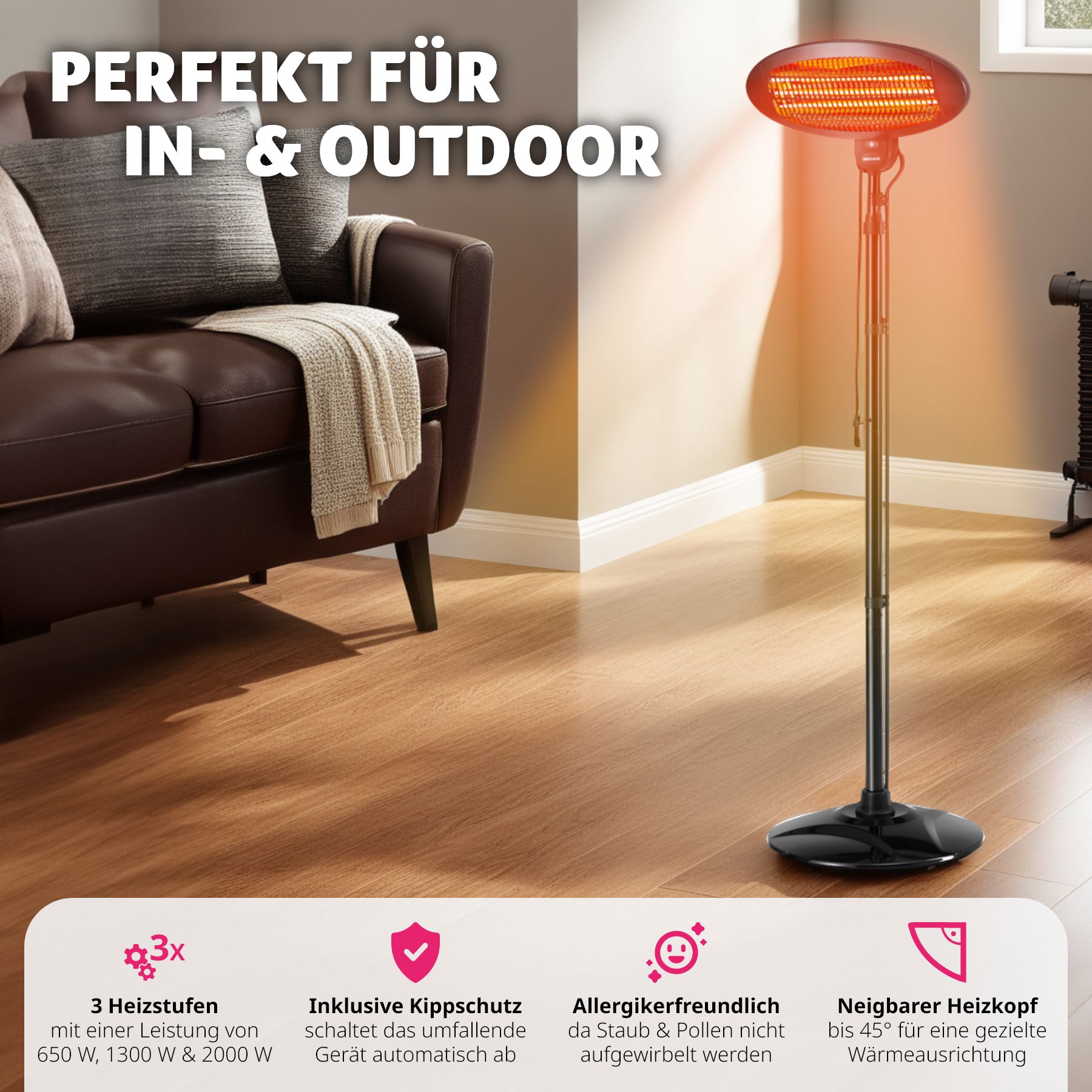 tectake® Infrarotheizstrahler, 3 Leistungsstufen, 650, 1300 und 2000 W, höhenverstellbar und neigbar, Wandmontage möglich, 50 x 50 x 136 - 213 cm