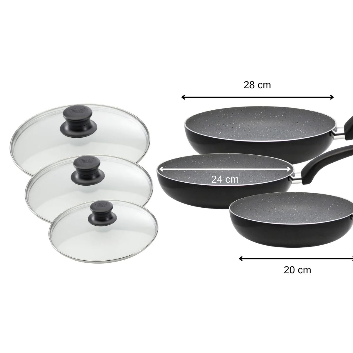 Ensemble de 3 poêles à frire et 3 couvercles en verre 20 cm 24 cm et 2