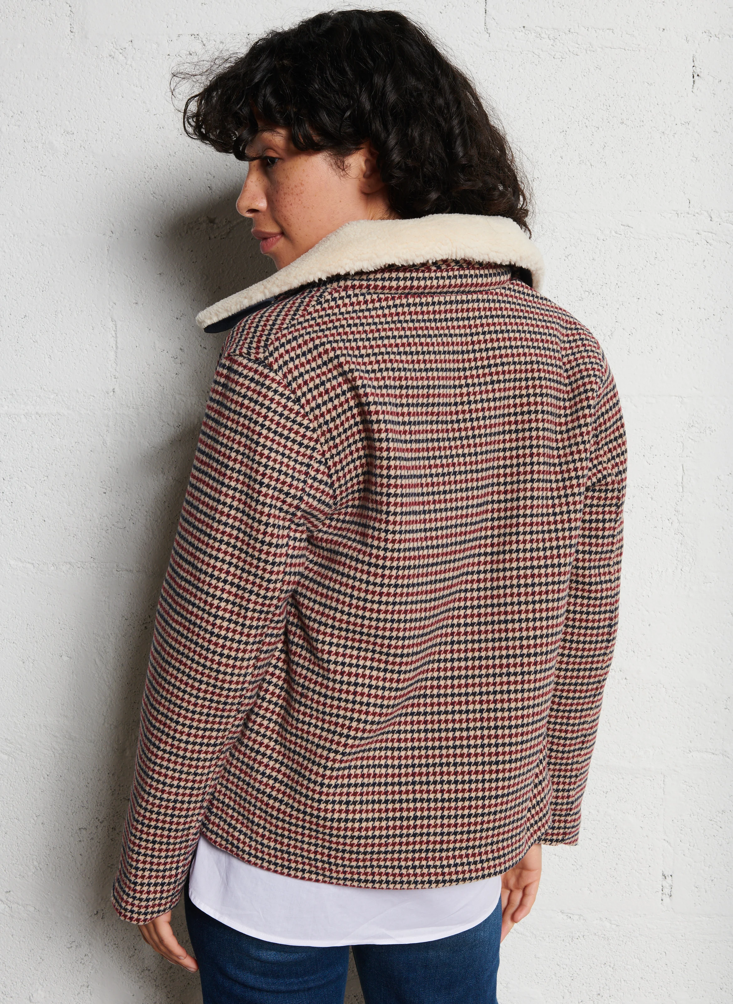 NATTIE - Manteau court col chemise à motif pied de poule | Multicolore