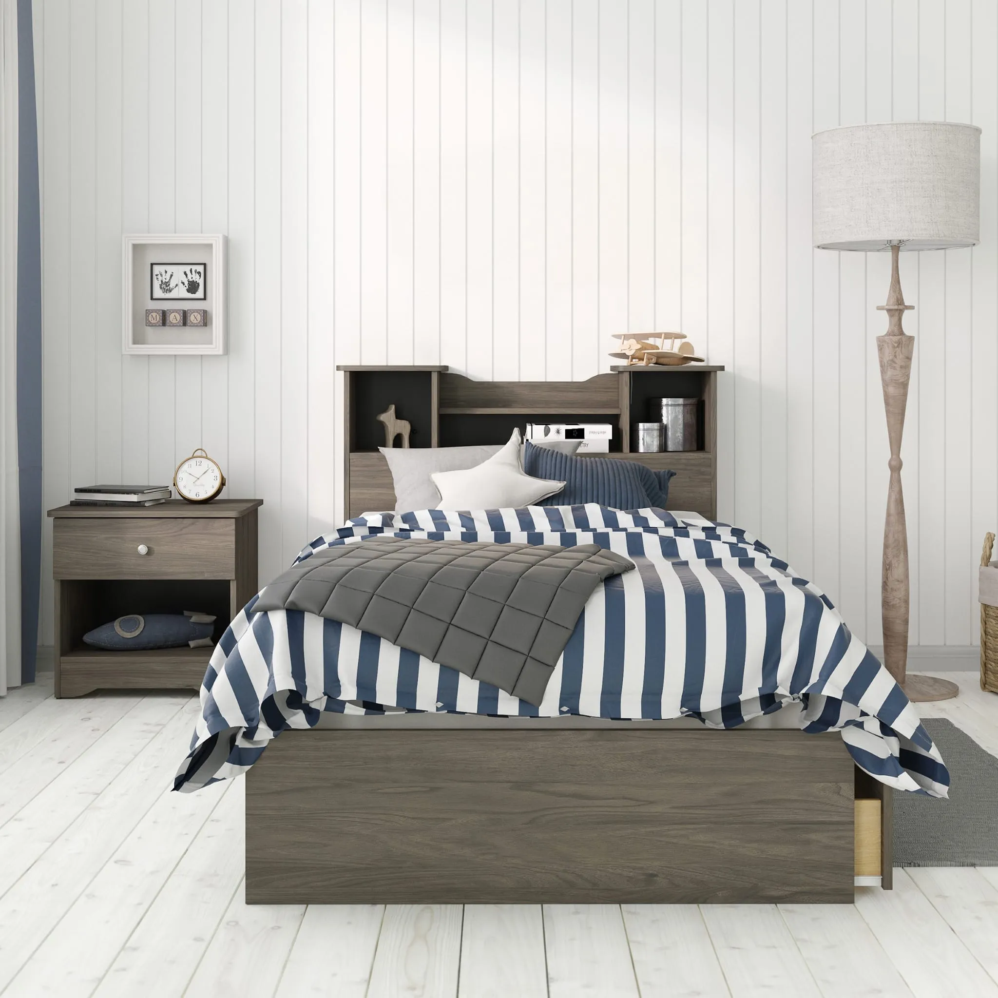 Nexera Lit Simple avec Tiroirs Pocono - Gris Écorce