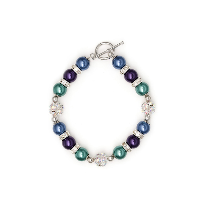 Bracelet 1 Rang en Perles Bleu et Violet, Cristal et Plaqué Rhodium