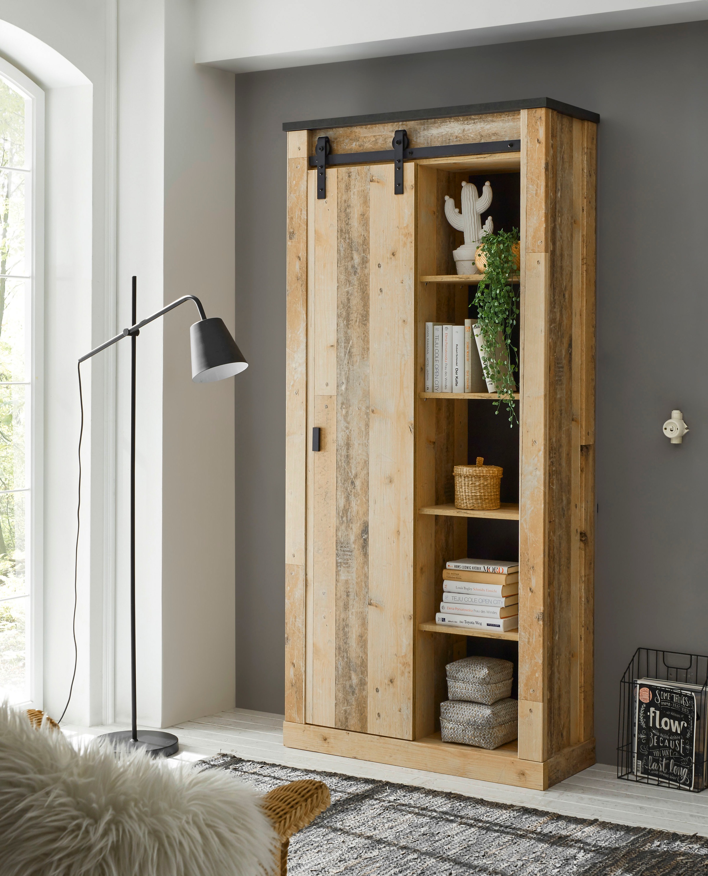 Home affaire Regal »SHERWOOD« modernes Holz Dekor, mit Scheunentorbeschlag aus Metall, Höhe 201 cm