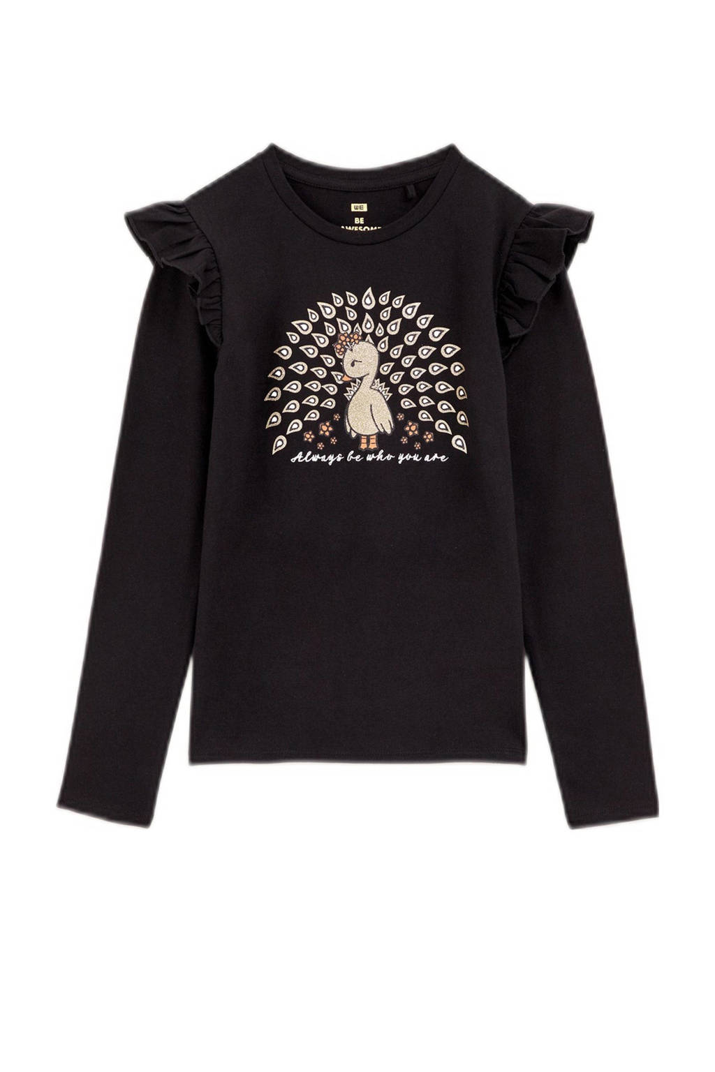 WE Fashion longsleeve met printopdruk en glitters zwart/goud