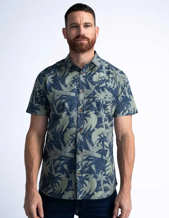 Petrol Overhemd palm print M-1040-SIS422