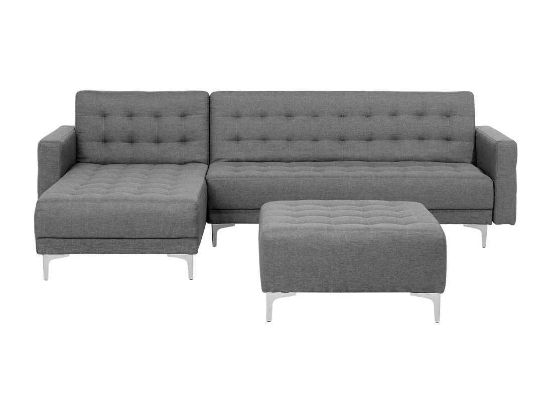 Canapé angle gauche convertible en tissu gris clair 4 places avec pouf ABERDEEN