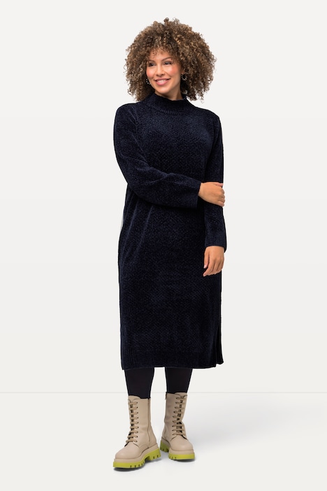 Chenille-Midikleid, Stehkragen, Langarm, kuschelweich
