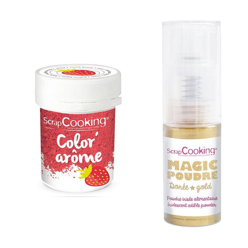 Colorant alimentaire rose arôme fraise + Poudre alimentaire irisée dor