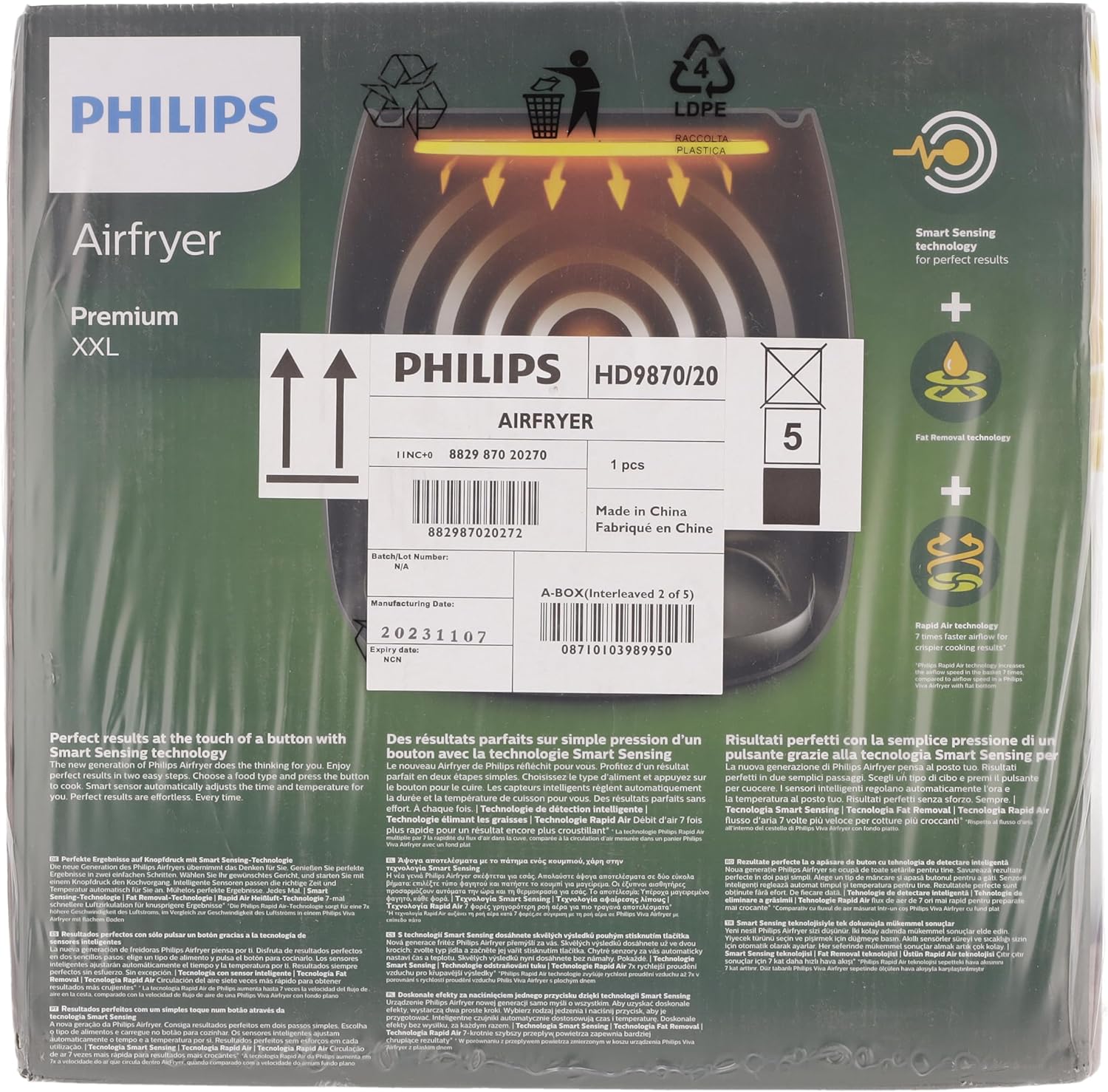 Philips Premium XXL Airfryer sans huile, Smart Sensing, 2225 W, technologie d'élimination des graisses, Rapid Air, 43,3 x 32,1 x 31,5 cm, Plastique, blanc, HD9870/20