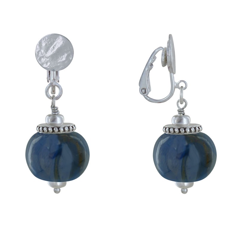 Boucles d'Oreilles Clip Métal Argenté et Grosses Perles en Céramique