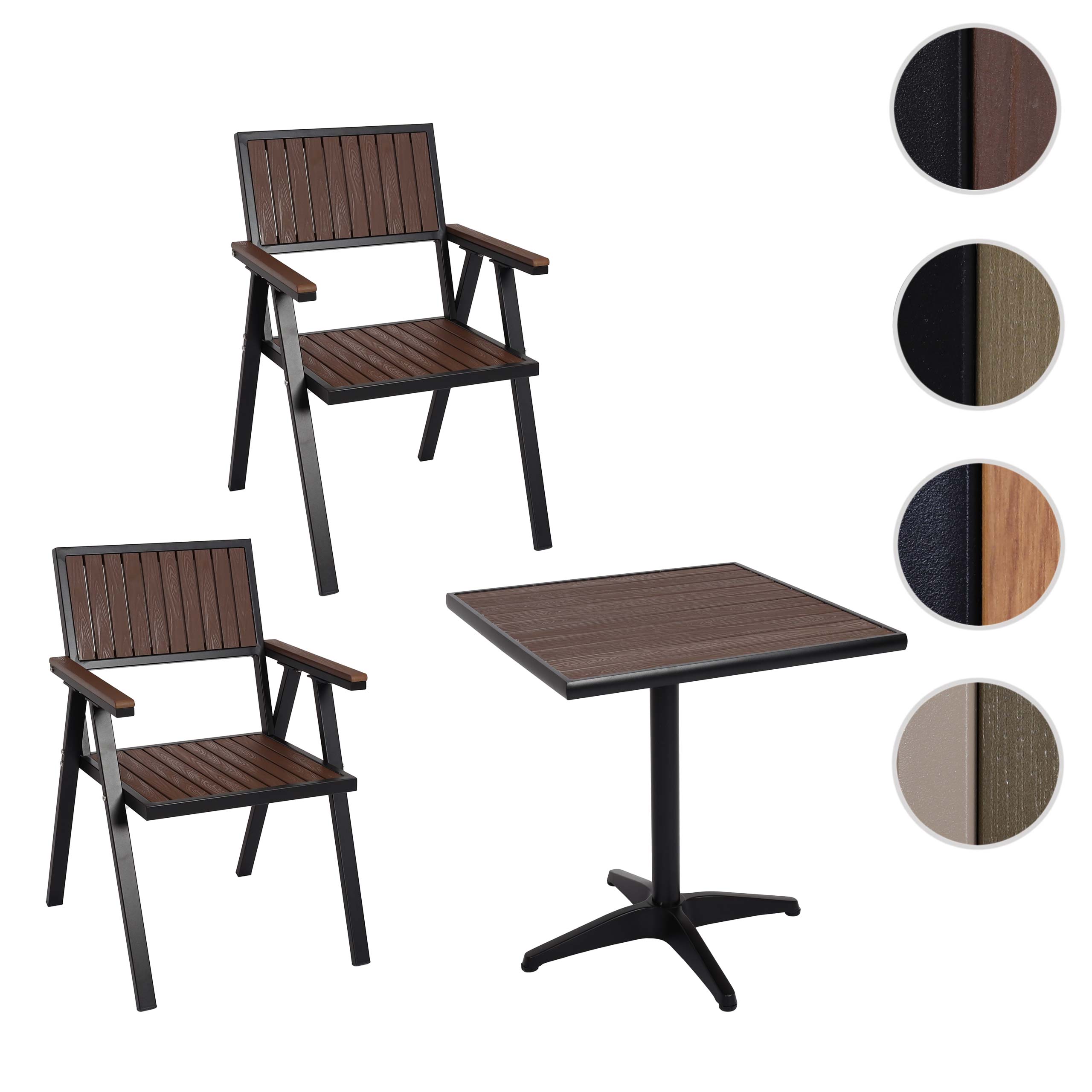 2er-Set Gartenstuhl+Gartentisch MCW-J95, Stuhl Tisch, Gastro Outdoor-Beschichtung, Alu Holzoptik ~ schwarz, dunkelbraun