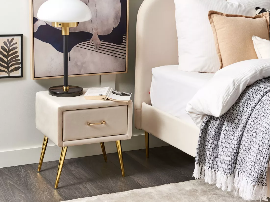 Table de nuit à 1 tiroir FLAYAT Velours Beige clair