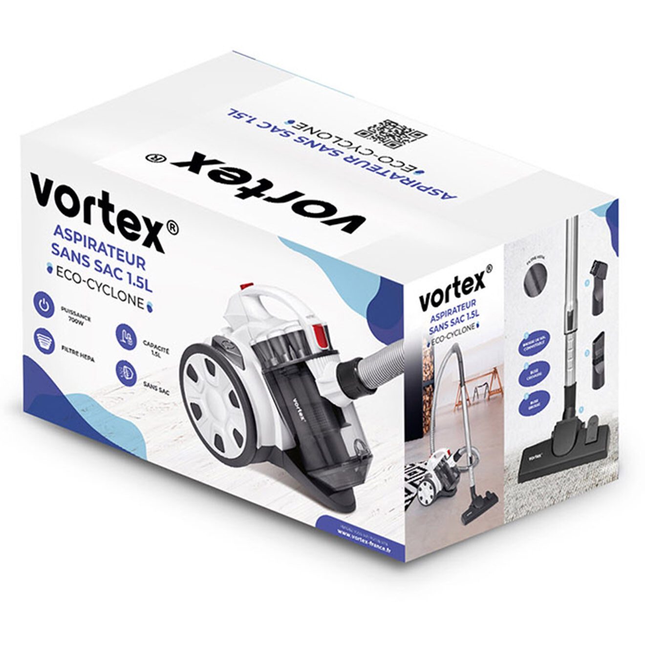 Vortex Aspirateur traineau sans sac avec brosse pour animaux blanc