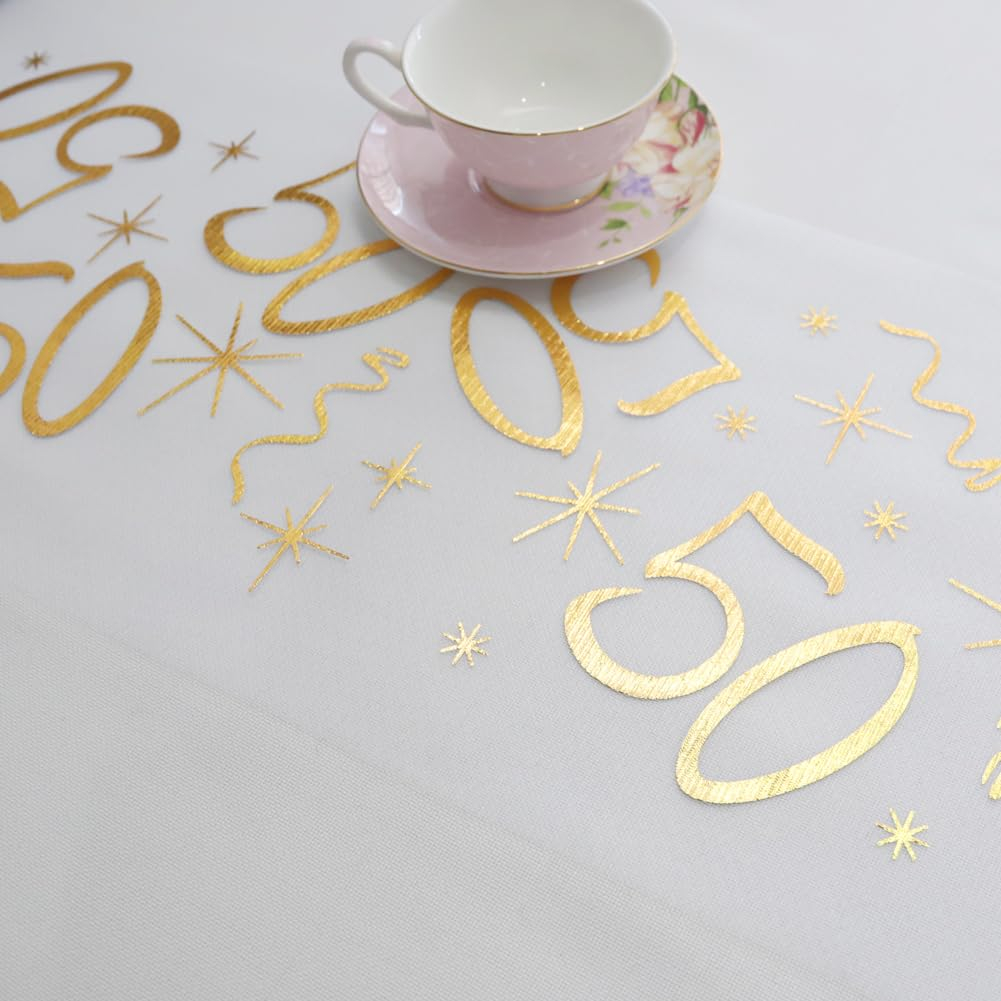 (28x275cm) Happy Birthday Tischläufer 50. Geburtstags Party Deko Zuschneidbares Tischtuch - Transparent / Gold