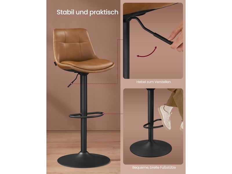 VASAGLE Barhocker 2er Set 48 x 90 cm/112 cm, Braun Stabile Barstühle aus Kunstleder mit Rückenlehne