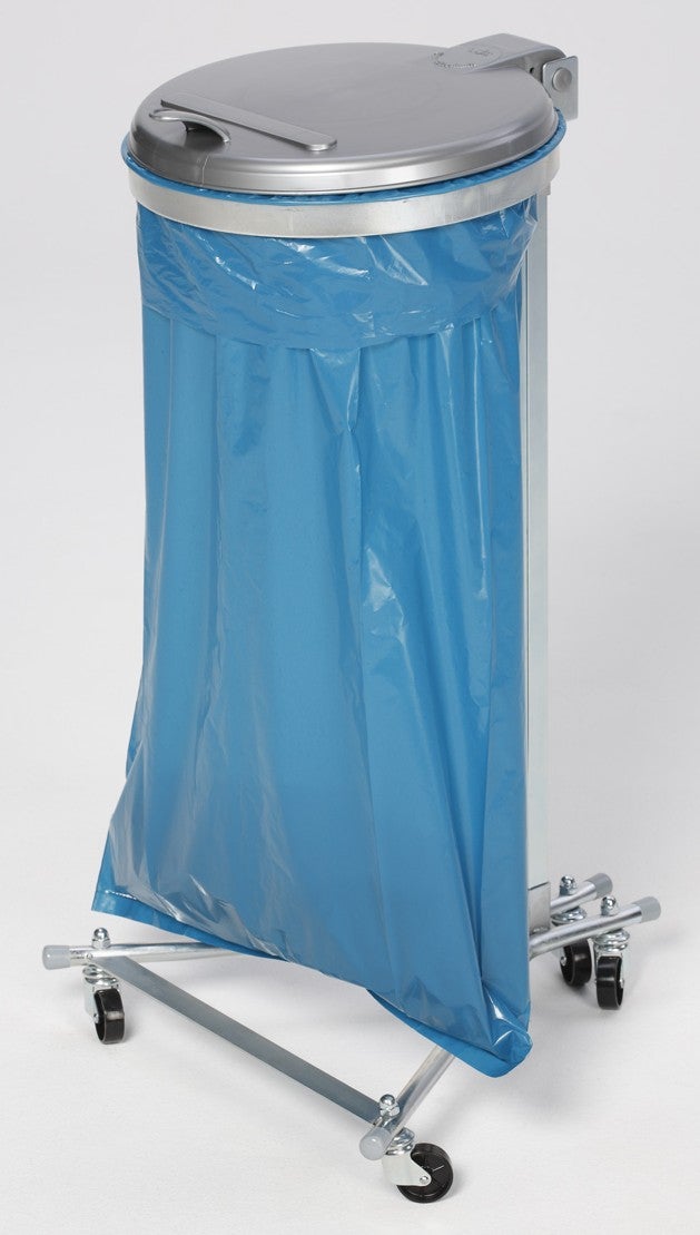 PROREGAL Robuuste enkele afvalbak met kunststof deksel, 4 wielen, 35 cm opening, afmetingen (H x B x D): 100 x 49 x 52 cm, gegalvaniseerd staal, zilver