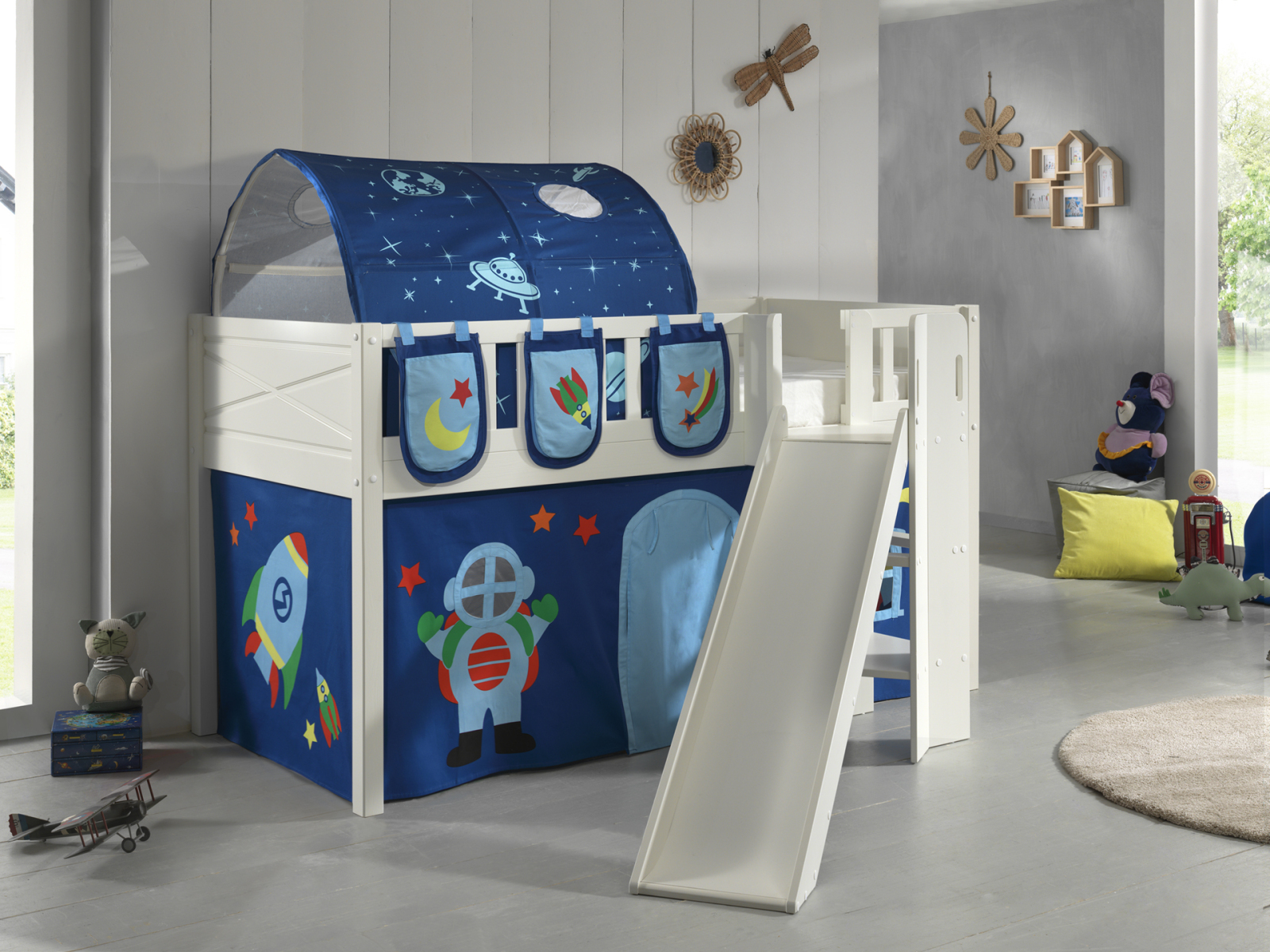 Spielbett SCOTT - weiß - Astro - mit Rutsche - Vorhang, Leiter, Tunnel und Taschen - 90x200 cm