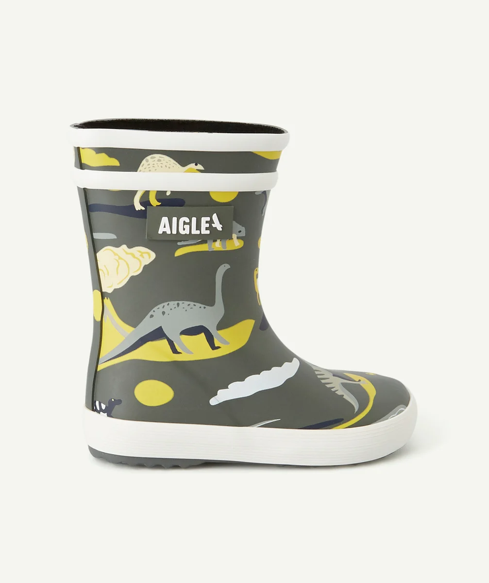 AIGLEBOTTES BABYFLAC PREMIERS PAS EN CAOUTCHOUC KAKI IMPRIMÉ DINO