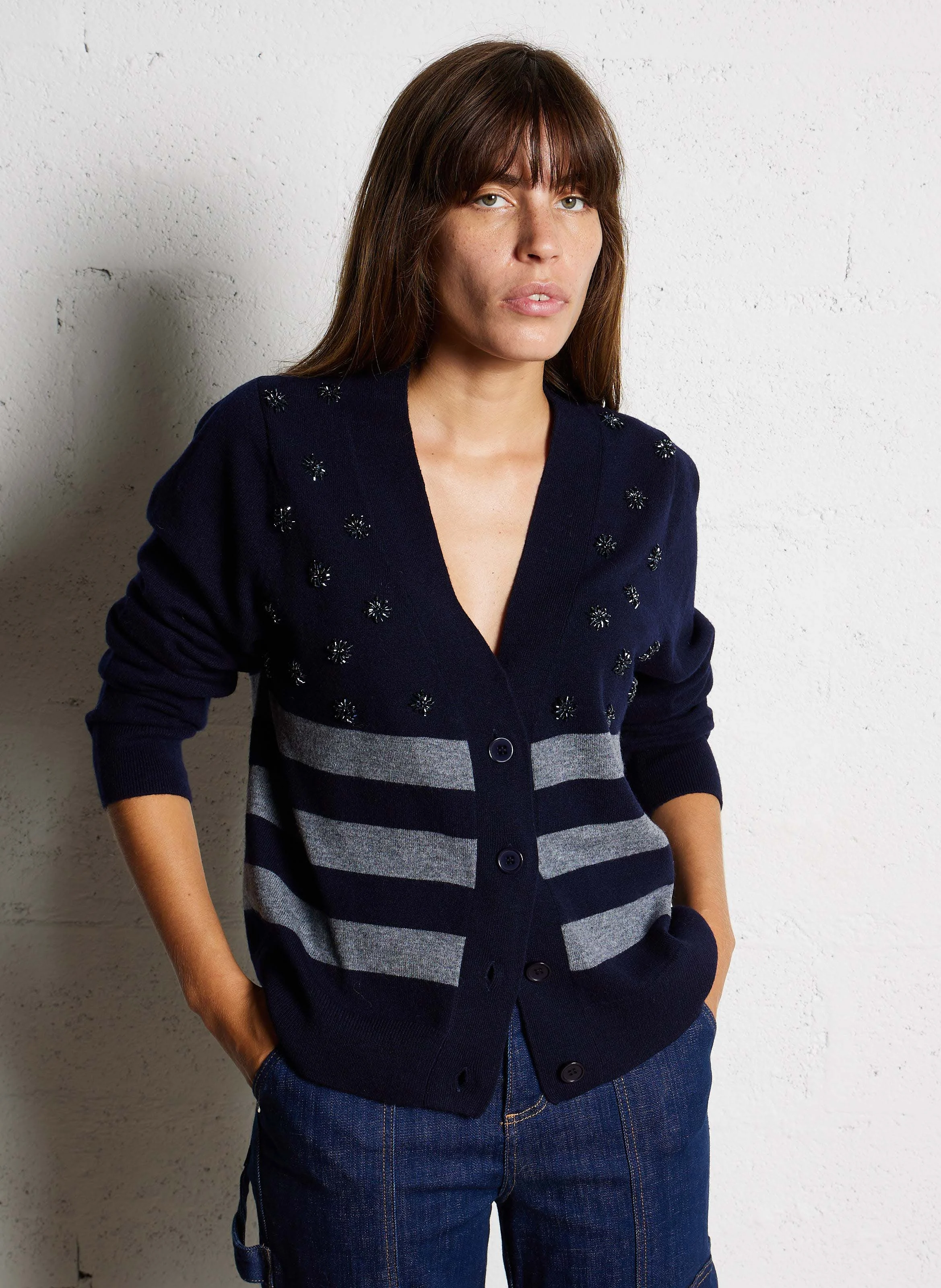 LILOU - Gilet col V ample en laine à rayures | Bleu