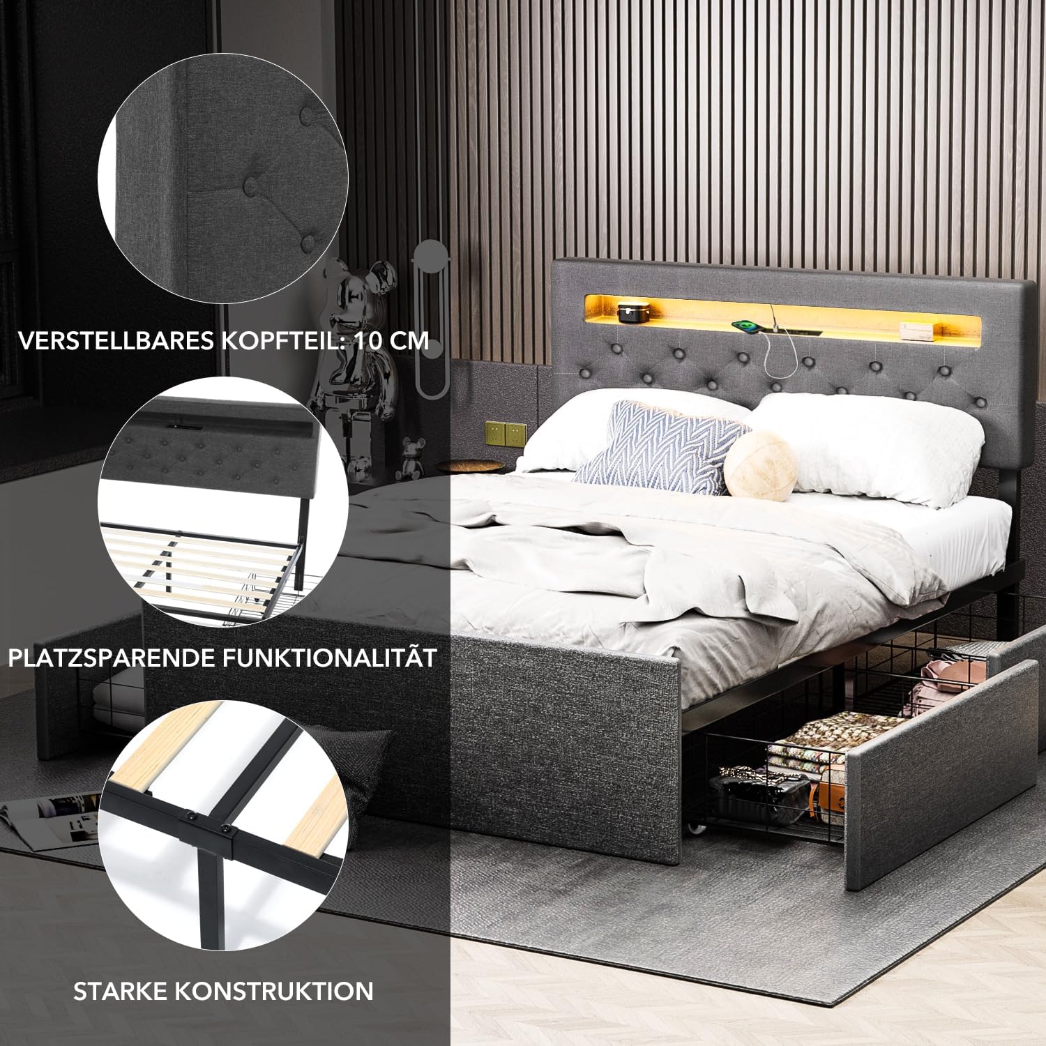 Polsterbett Doppelbett mit LED-Kopfteil und USB-Port, Stauraumbett mit 4 Stauraum Schubladen, Bett Bettgestell mit Lattenrost und bettkasten, Leinen, Grau（140x200 ）