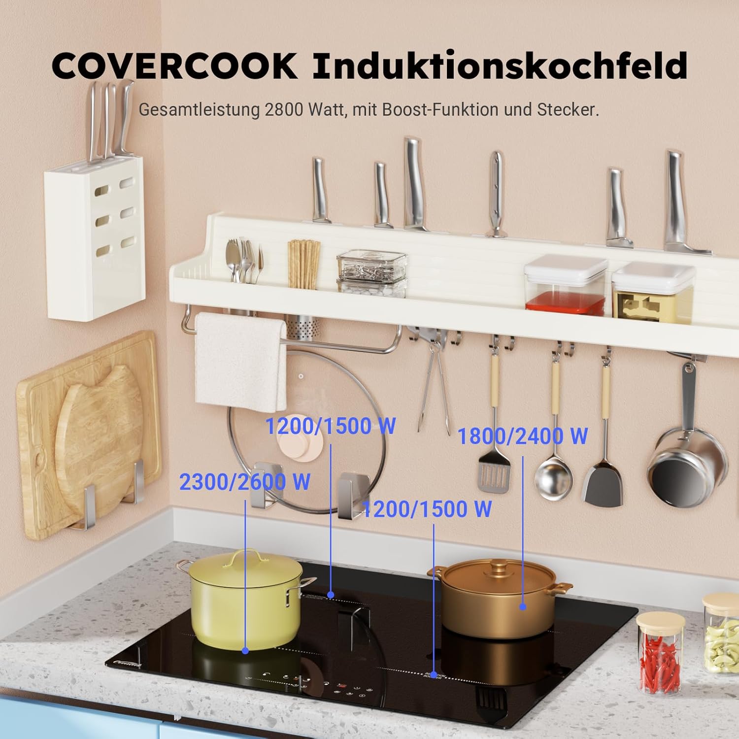 COVERCOOK Stecker und Induktionskochfeld 60 cm,4 Zonen Induktion Herdplatte, Touch-Bedienung Kochfelder Induktionsplatte,Power Booster, 13A 2800W