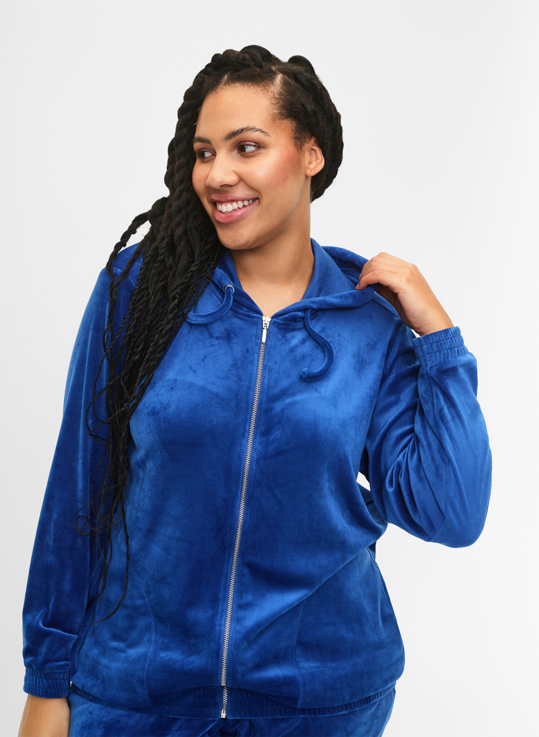 Velour cardigan med lynlås og hætte