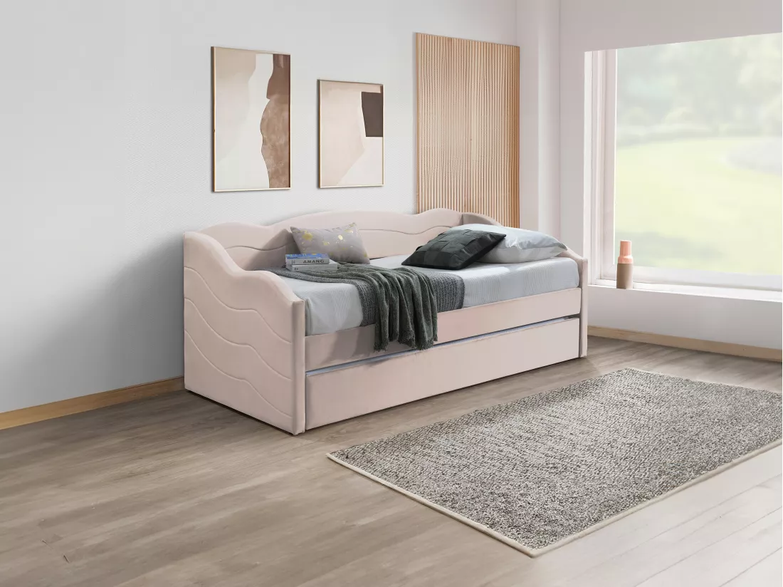 Lit banquette gigogne 2 x 90 x 190 cm - Velours - Rose + Matelas - LENVIA