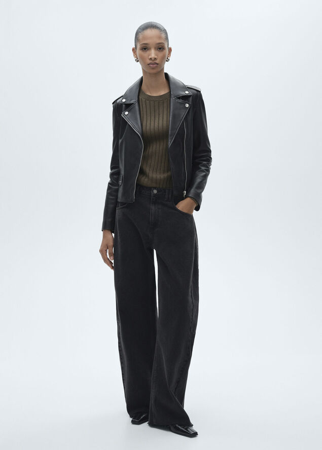 MANGO Leather biker jacket Black