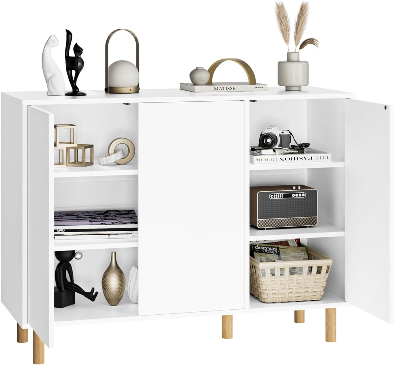 FirFurd Sideboard, Kommode weiß, Küchenschrank mit 3 Türen, griffloses Design, verstellbare Regale, 107x40x80cm(BxTxH)