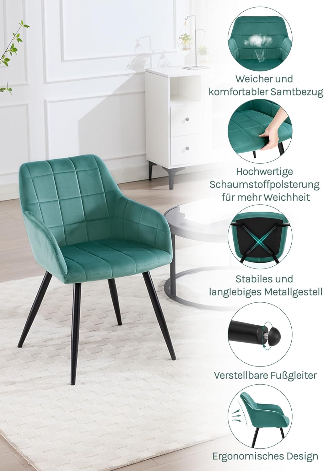 WOLTU Esszimmerstühle 2er Set Esszimmerstuhl Küchenstuhl Polsterstuhl Design Stuhl mit Armlehnen, mit Sitzfläche aus Samt, Gestell aus Metall, modern, Türkis, BH93ts-2