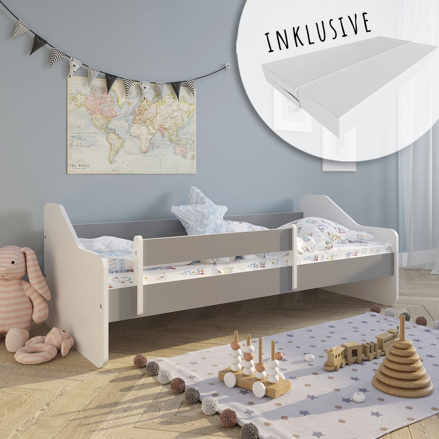 Kids Collective Kinderbett 80x160 | 80x180 cm mit Rausfallschutz & Lattenrost grau mit Matratze