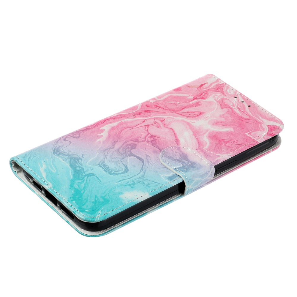 iPhone 13 Pro Leder Tasche Flip Cover Marmor Marble - Rosa / Türkis