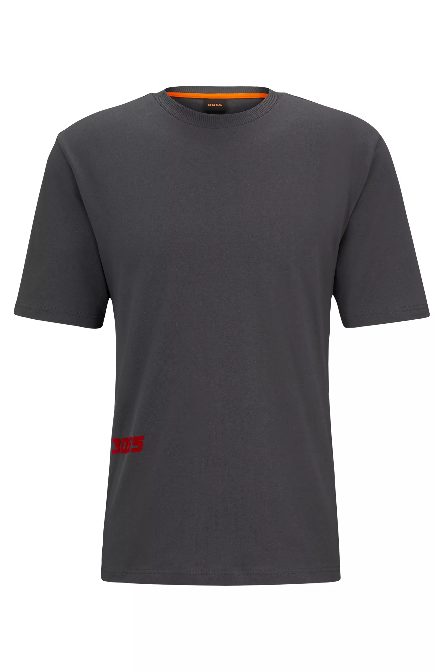 Camiseta BOSS laranja, modelagem relaxada, em algodão com estampa inspirada em corridas.