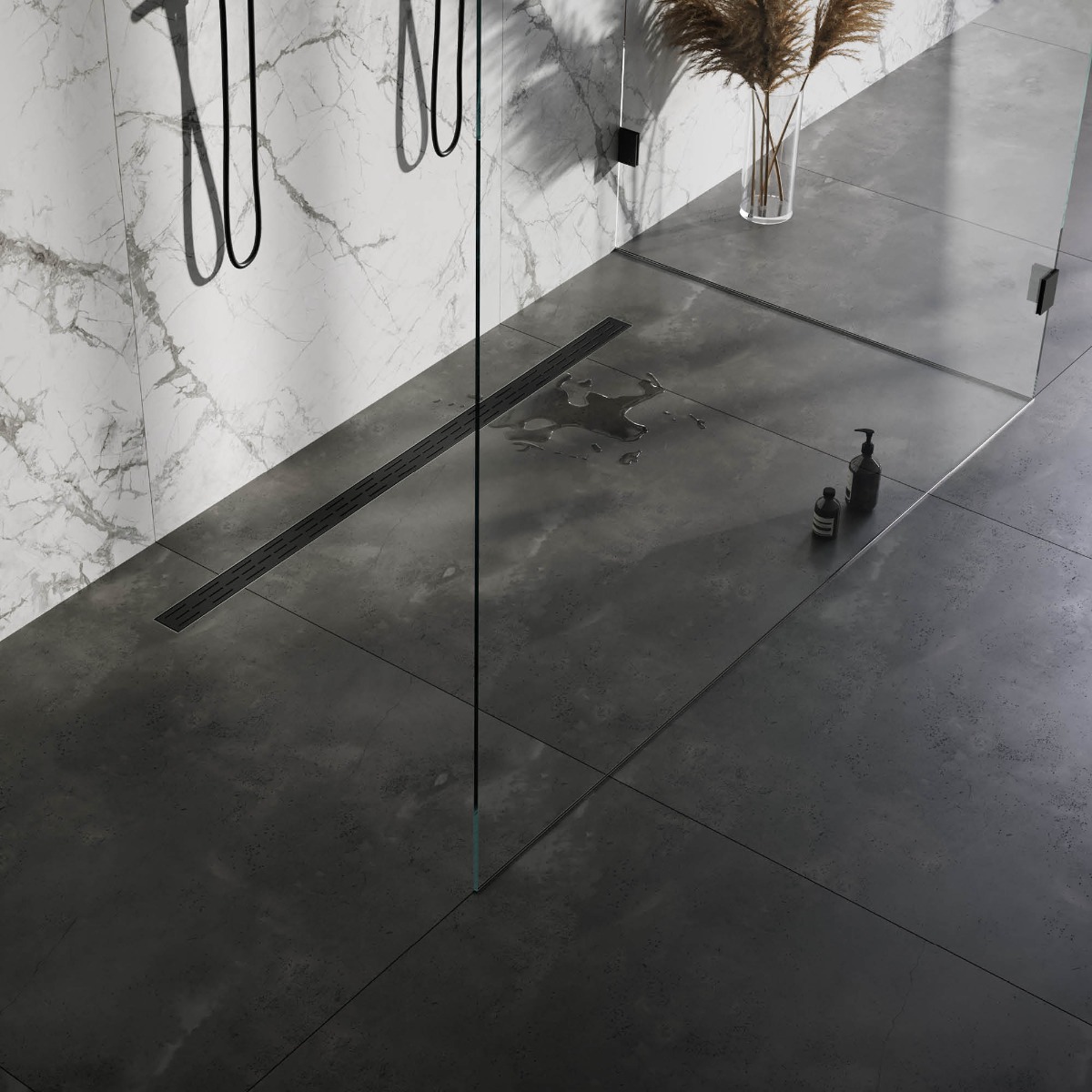 Brauer douchegoot 140x7cm met standaard rooster en flens zwart mat