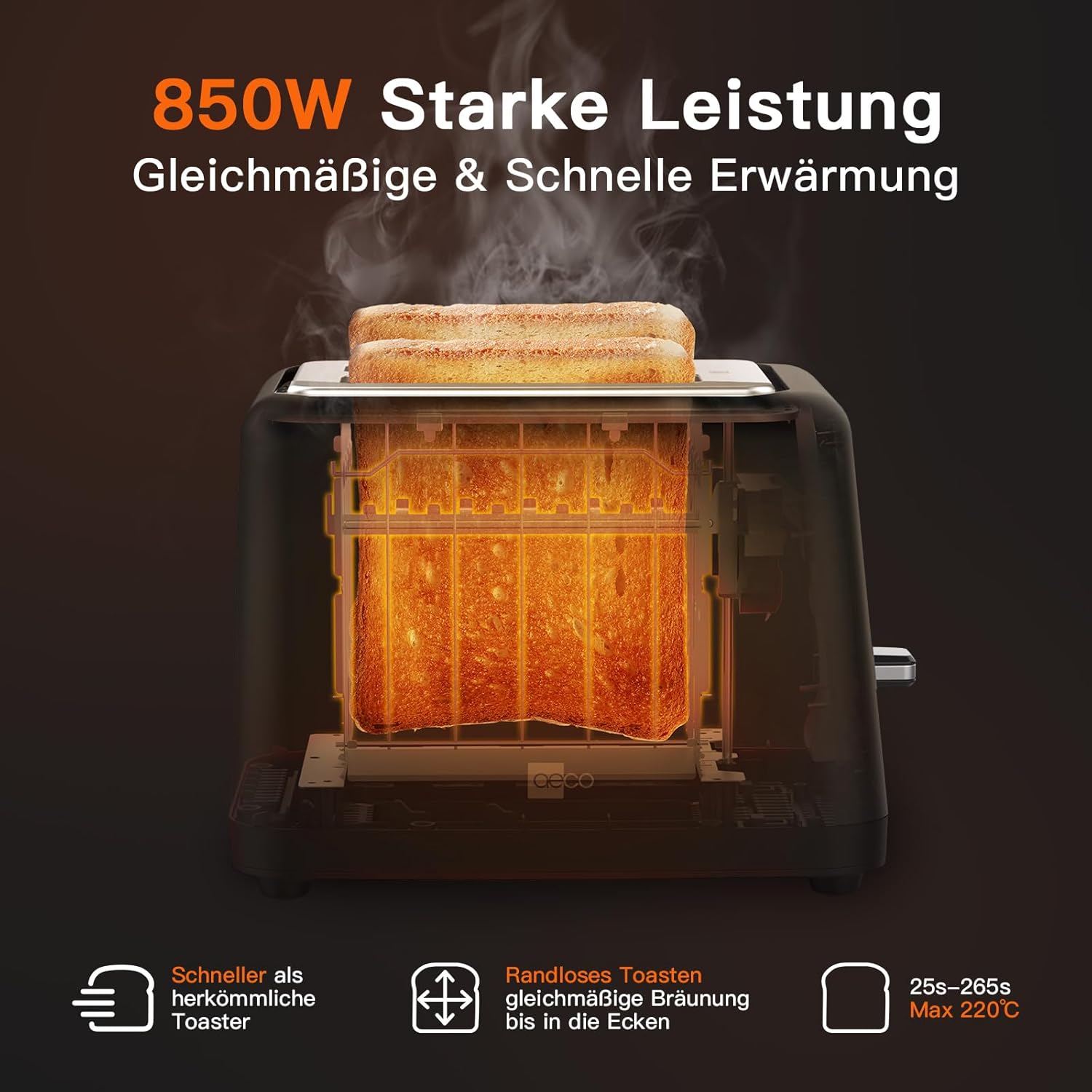 aeco toastlab Elite Toaster 2 Scheiben, Brötchenaufsatz, extra breite Toastschlitze, 6 Bräunungsstufen, 10 Programme, 850W, 5