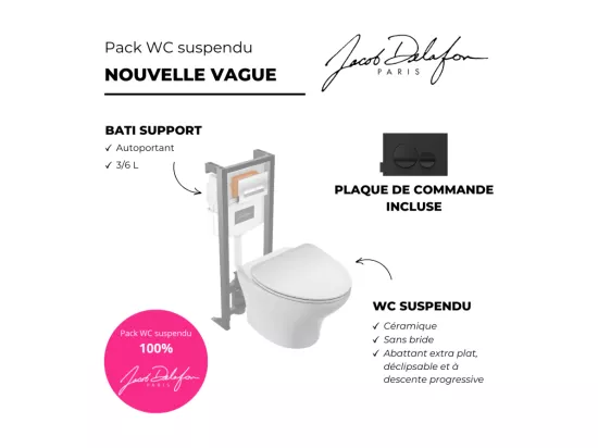 Pack WC suspendu sans bride JACOB DELAFON Nouvelle vague + bati support + plaque noir brillant noir mat