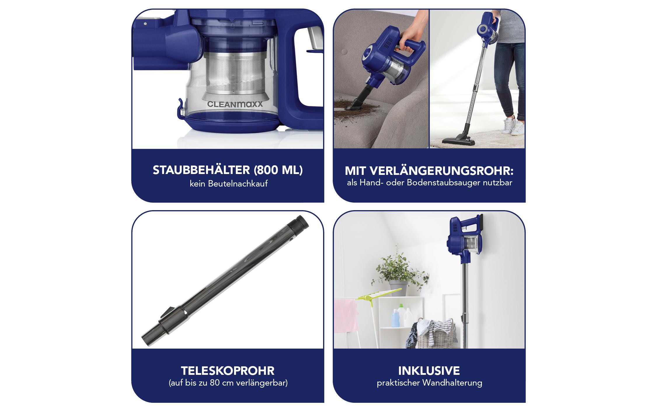 Akku-Hand- und Stielsauger Blau/SilberKabelloser Hand- und Bodenstaubsauger