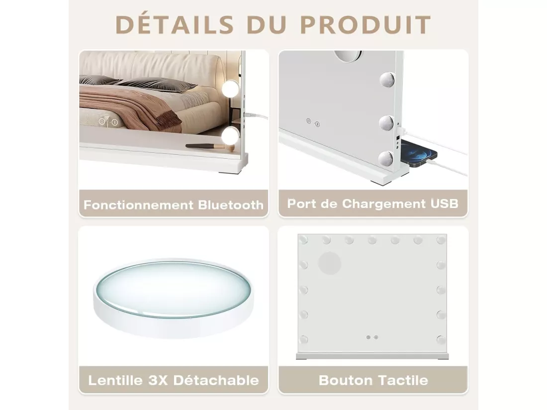 Miroir Hollywood avec Lampe et Haut - Parleur Bluetooth miroir de maquillage avec 15 ampoules LED dimmables 58 x 48 cm - Blanc
