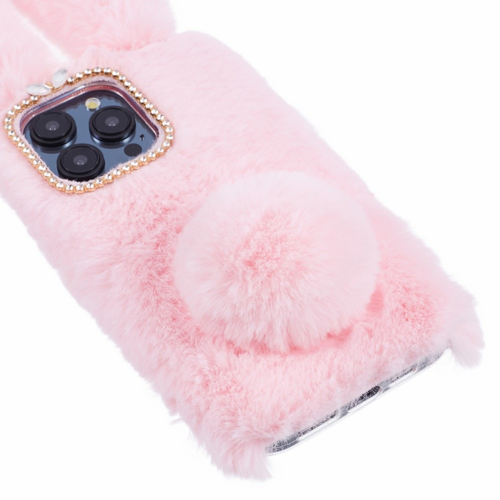 iPhone 15 Pro 3D Gummi Plüsch Case Hülle Bunny mit Flauschigen Hasenohren - Rosa