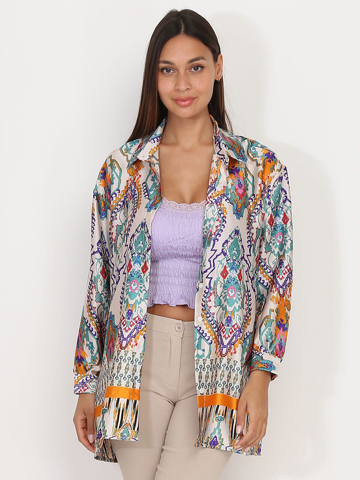 Chemise satinée à imprimé ethnique- Blanc