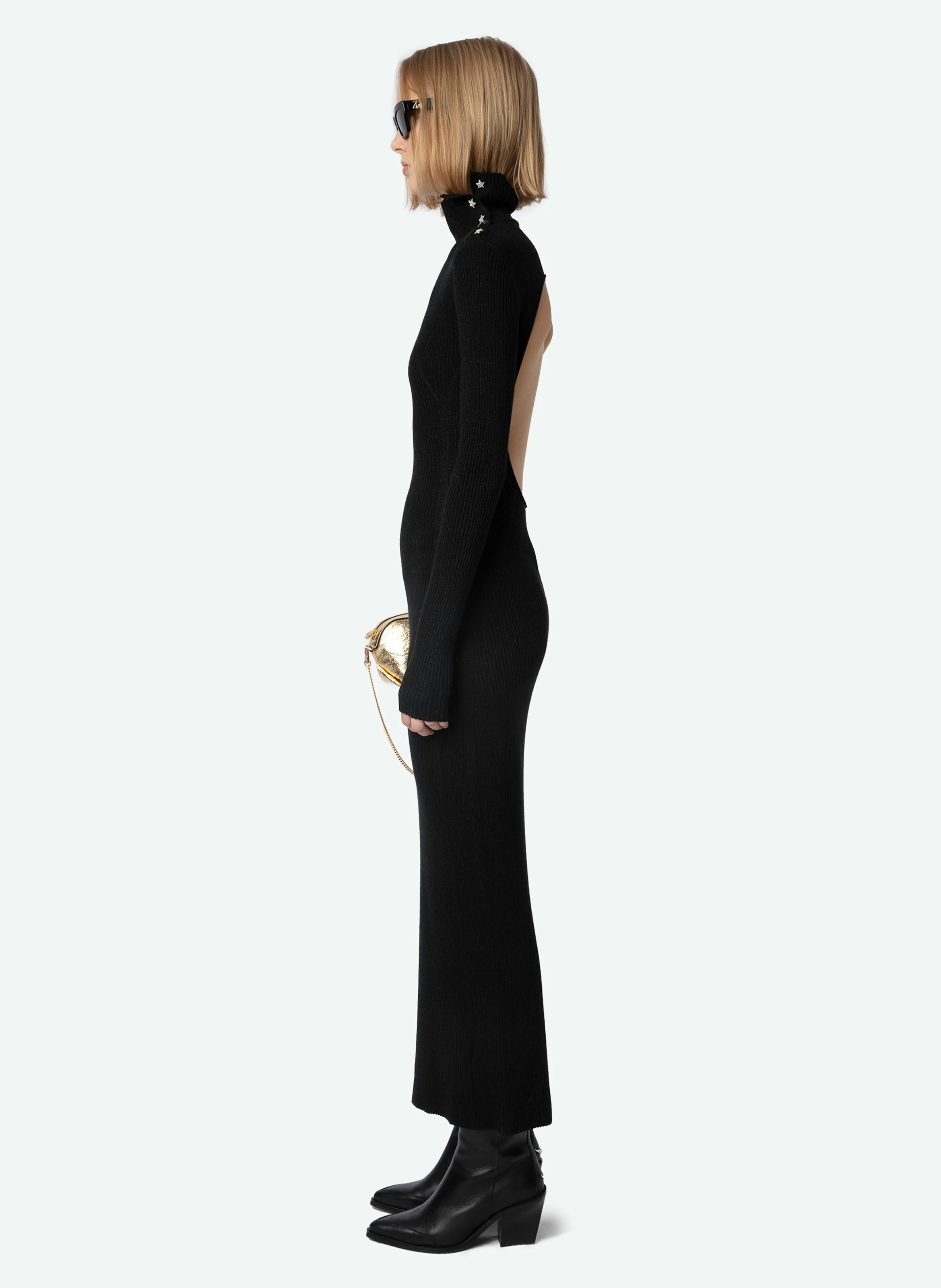 MIREILLE - Robe longue dos nu en laine mélangée | Noir